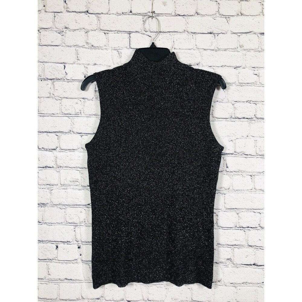 Dana Buchman Women Top Mock Neck Sparkly Metallic Ribbed Black‎ Silver Size L